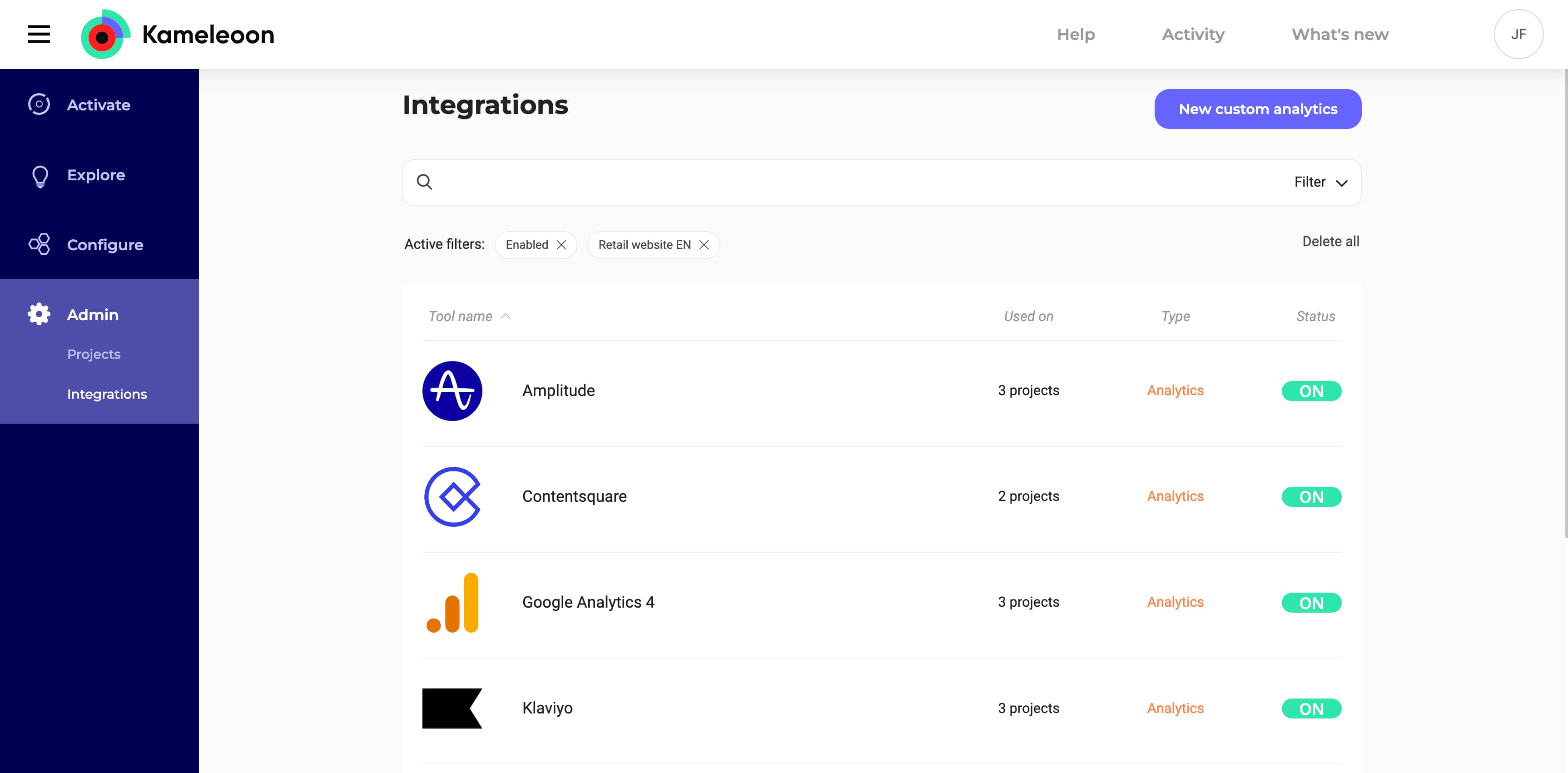 List of Kameleoon integrations in-app
