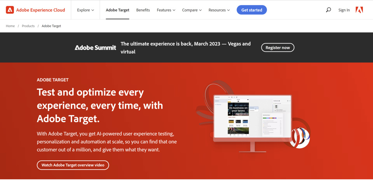 Adobe Target A/B Testing Tool homepage