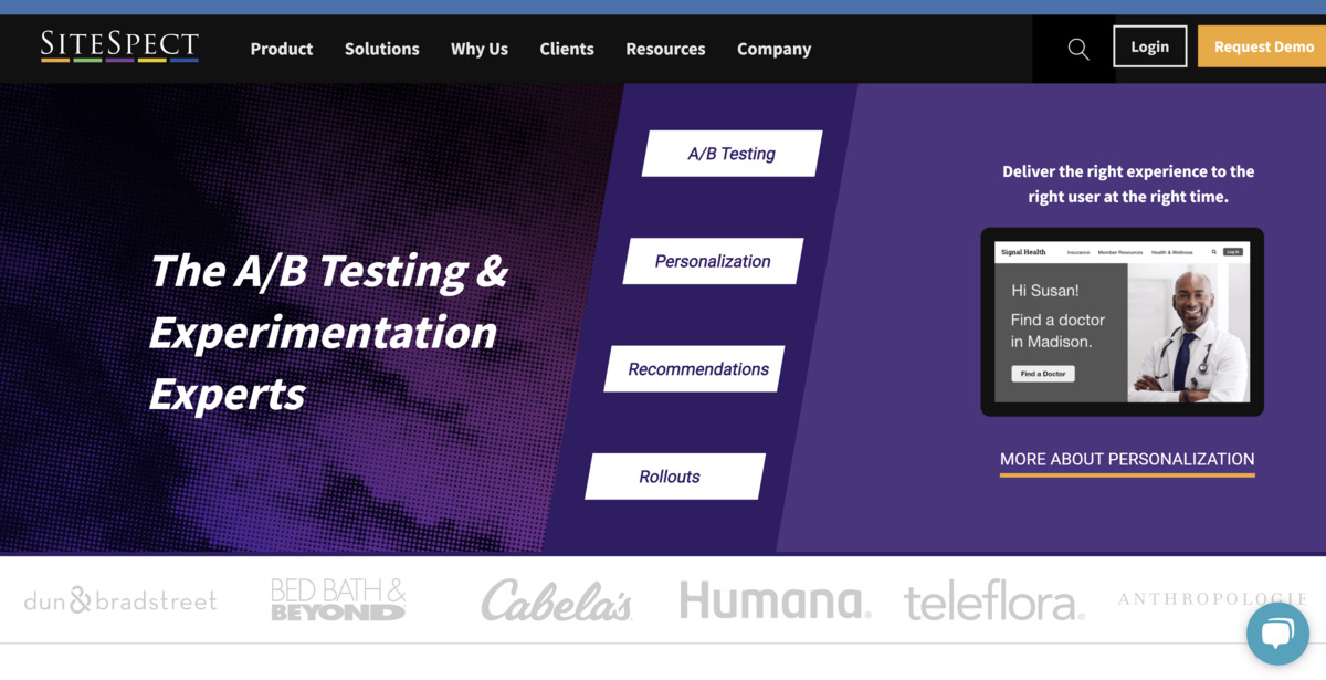 Sitespect A/B testing tool homepage