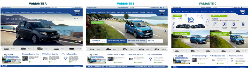 A/B test avec 3 variations sur la homepage de Dacia