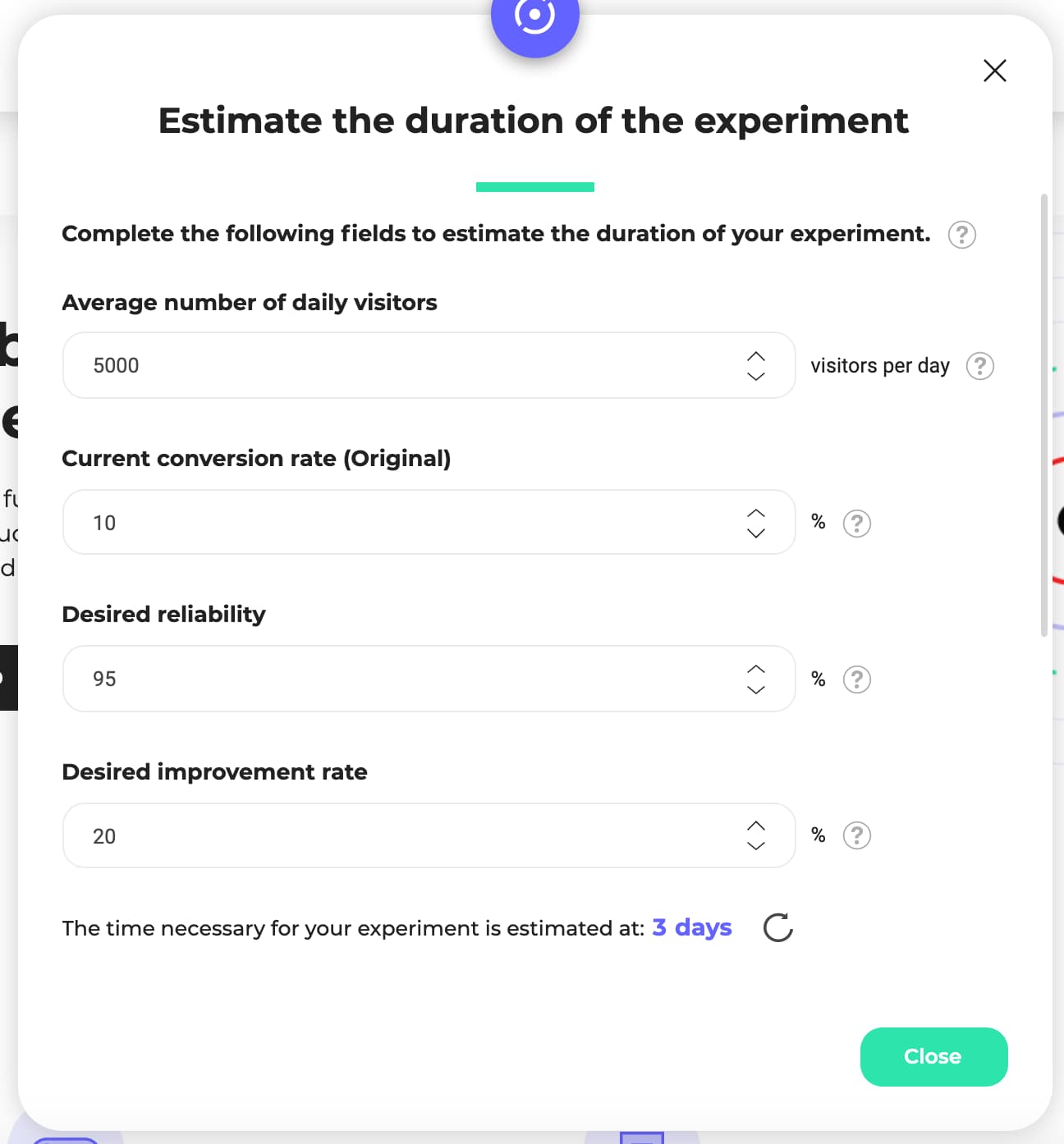 Screenshot of a tab of the Kameleoon solution where you can estimate the duration of the experiment