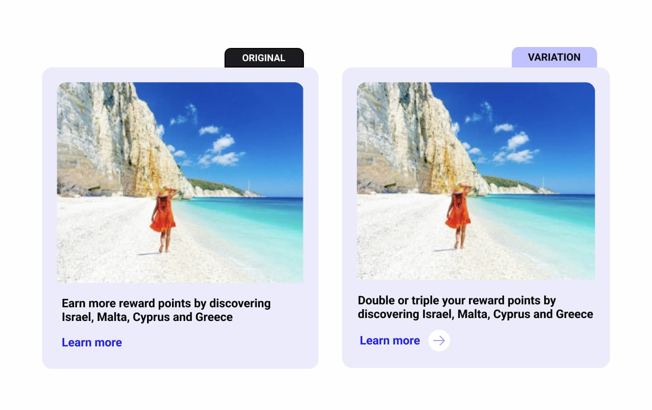 Two purple squares showcasing a tropical beach with a woman on it showcasing a/b testing