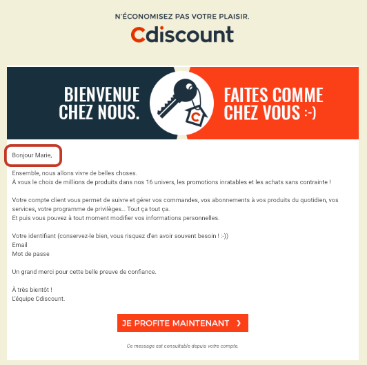 email personnalisé nouveaux inscrits Cdiscount