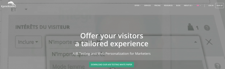 An example of customized homepage for visitors segments